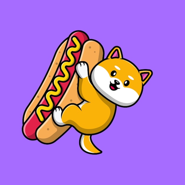 Mignon Shiba Inu Chien Grand Hot Dog Dessin Animé Icône Vecteur Illustration