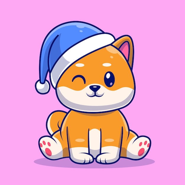 Mignon Shiba Inu Chien Hiver Assis Avec Bonnet Chapeau Dessin Animé Vecteur Icône Illustration Nature Animale