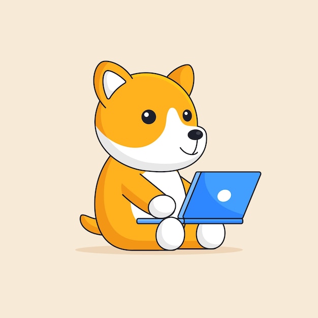 Mignon Shiba Inu Chien Orange Japonais S'asseoir Et à L'aide D'un Ordinateur Portable