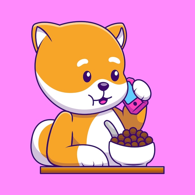 Vecteur le mignon shiba inu mangeant des céréales sur le téléphone icons vectoriels de dessins animés illustration concept de dessins animés plats