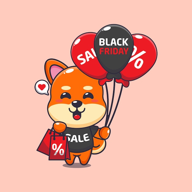 mignon shiba inu avec sac à provisions et ballon à l'illustration vectorielle de dessin animé de vente du vendredi noir