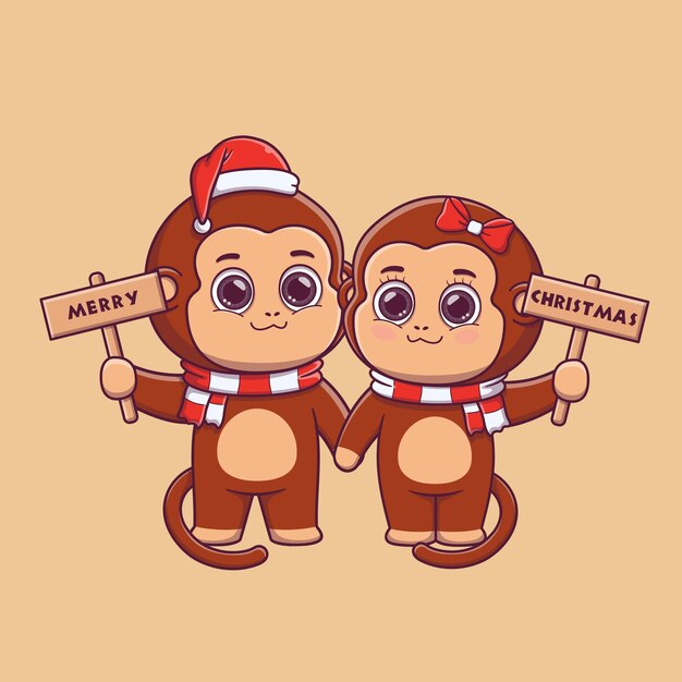 Mignon, Singe, Couple, Tenue, Planche Bois, à, Noël, Salutations