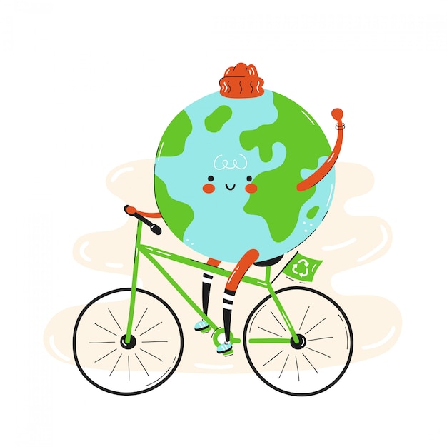 Mignon souriant heureux vélo de planète Terre. Isolé sur blanc. Conception de dessin vectoriel personnage illustration, style plat simple. Terre sur le caractère de la bicyclette, concept de transport écologique