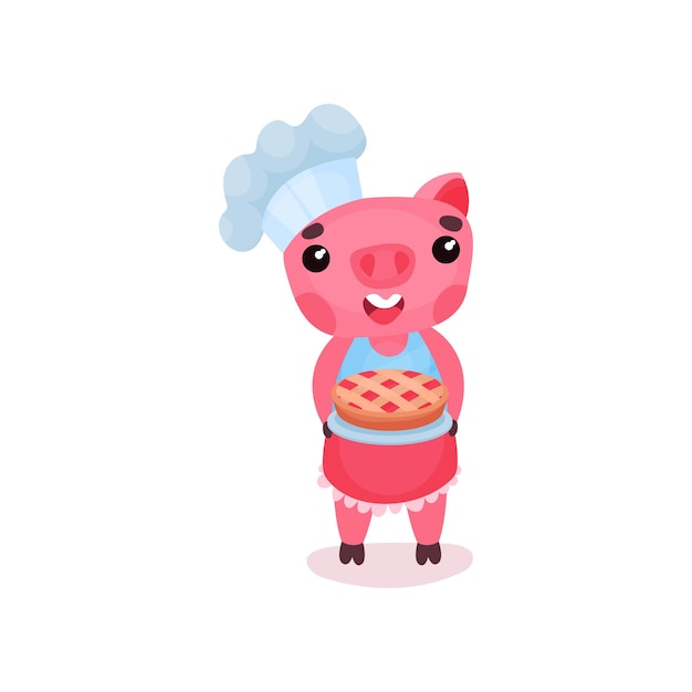 Mignon, Sourire, Cochon, Chef Cuisinier, Caractère, Tenue, Fraîchement Cuit, Tarte, Drôle, Dessin Animé, Porcin, Animal, Vecteur, Illustration, Sur, A, Fond Blanc