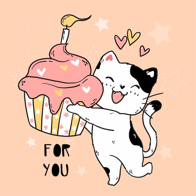 Mignon sourire heureux chat blanc tenir muffin rose avec bougie d'anniversaire