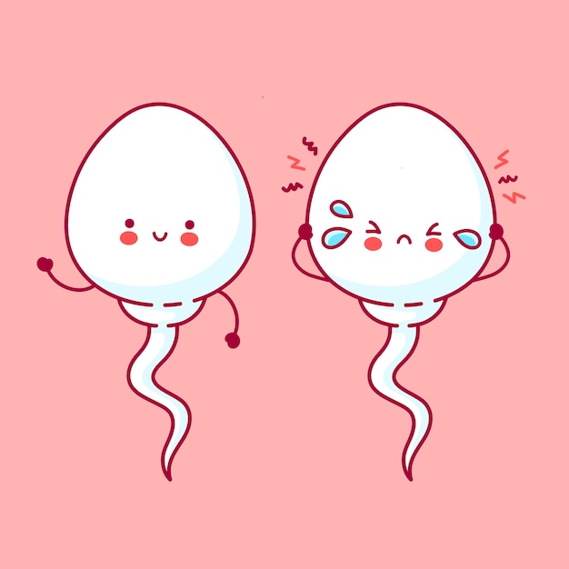 Mignon Spermatozoïde Drôle Malade Et Heureux. Icône D'illustration De Personnage Kawaii Cartoon Ligne Plate. Concept De Fertilisation