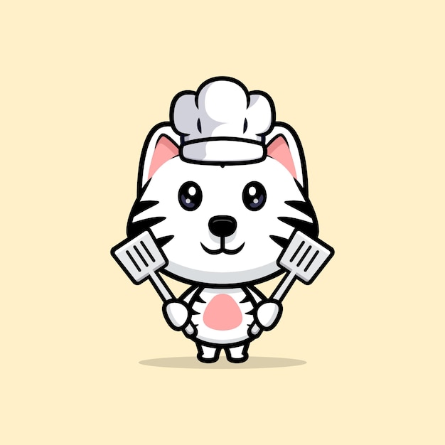 Mignon Tigre Blanc Chef De Pentecôte Chapeau Et Mascotte De Dessin Animé De Spatule