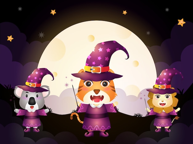 Un Mignon Tigre, Koala Et Lion Avec Un Costume De Sorcière Halloween Sur Fond De Pleine Lune