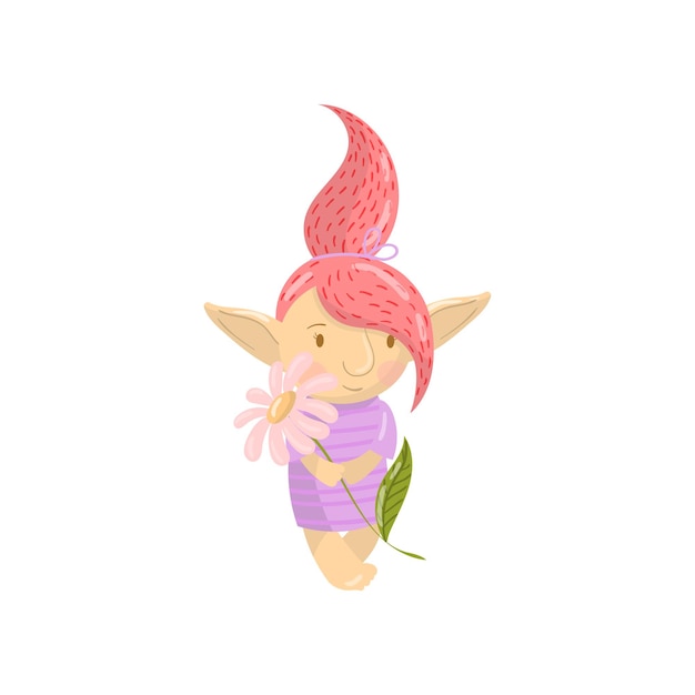 Mignon, Troll, Girl, Caractère, à, Camomille, Fleur, Rigolote, Créature, à, Coloré, Cheveux, Dessin Animé, Vecteur, Illustration