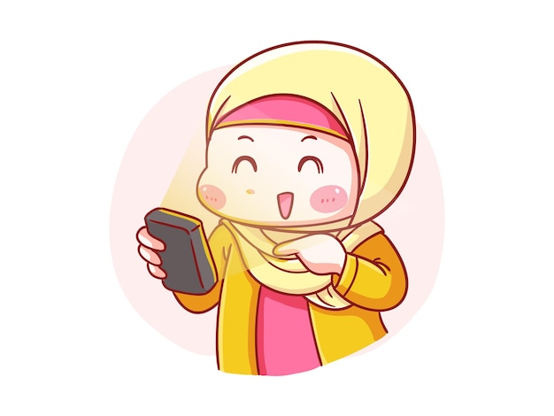 Mignonne Et Kawaii Happy Hijab Girl Regarde Son Smartphone Manga Chibi Illustration