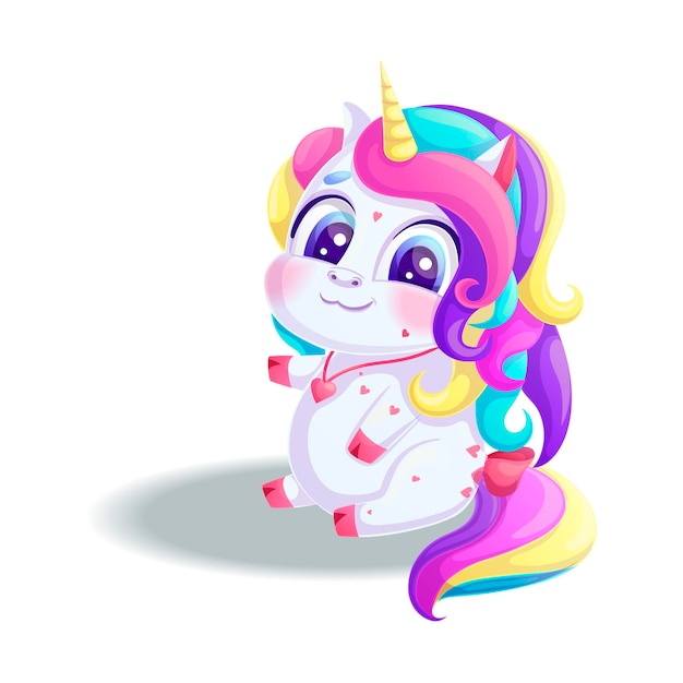 Une mignonne licorne souriante est assise à demi retournée autour d'un animal charmant à la crinière brillante et à la corne dorée.