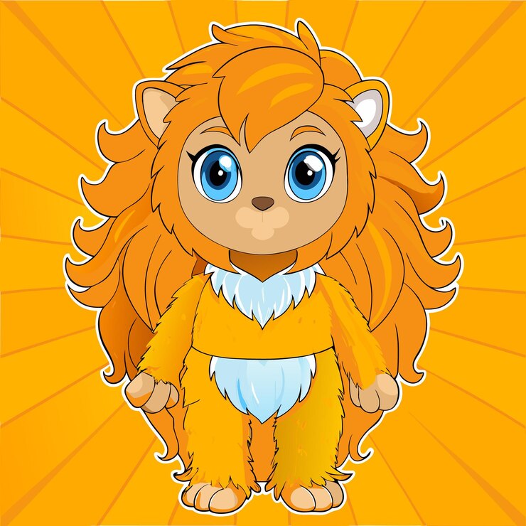 Vecteur une mignonne lionne de dessin animé avec une fourrure orange et des yeux bleus.
