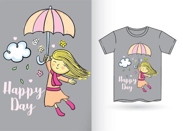 Mignonne petite fille dessinée à la main pour t-shirt pour enfants