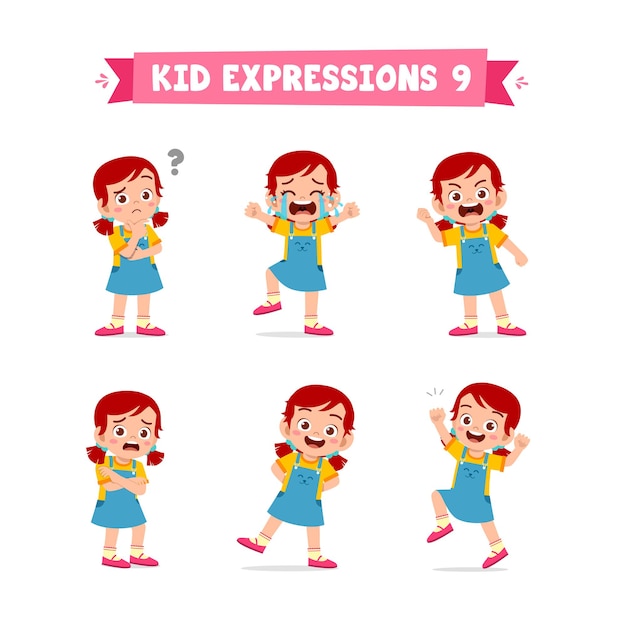 Mignonne Petite Fille Enfant Dans Diverses Expressions Et Ensemble De Gestes