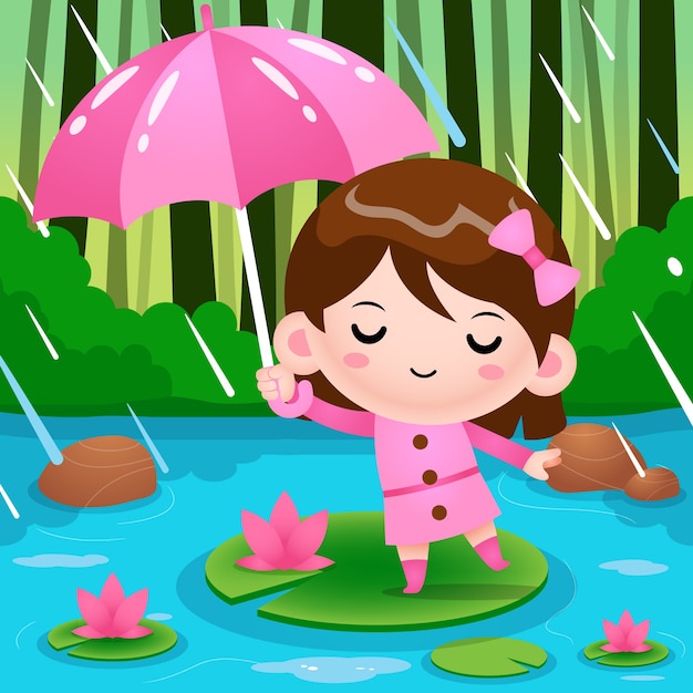 Mignonne Petite Fille Sur L'étang Se Cachant Sous Un Parapluie Pendant La Pluie Météo Cartoon Illustration