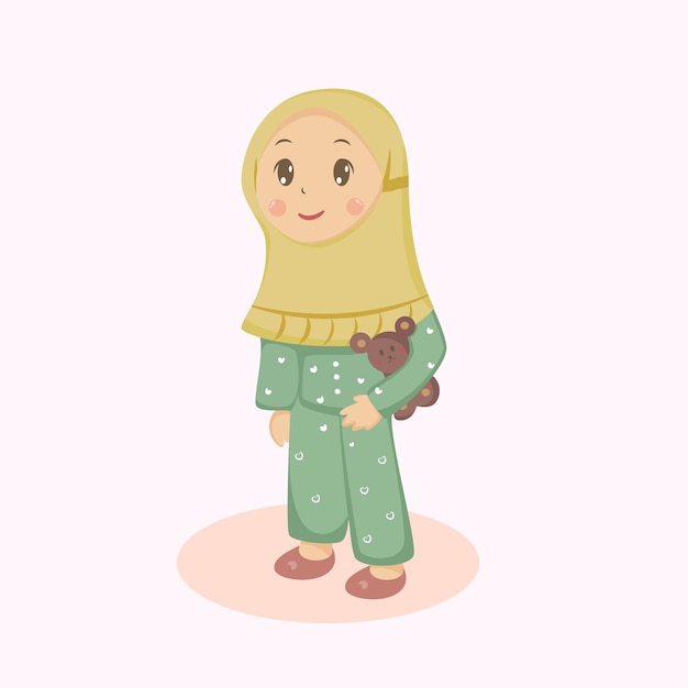 Mignonne petite fille hijab câlin illustration de dessin animé ours en peluche