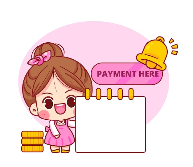 Vecteur mignonne petite fille se tient avec un signe de numérisation de paiement qr code pour le transfert d'argent dessin animé logo vector art illustration
