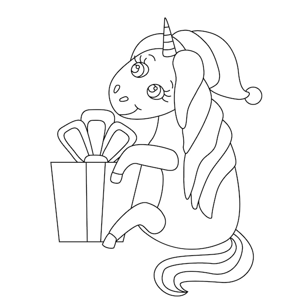 Mignonne Petite Licorne Avec Une Boîte-cadeau Décorée D'un Arc Ruban Doodle Illustration Dessinée à La Main