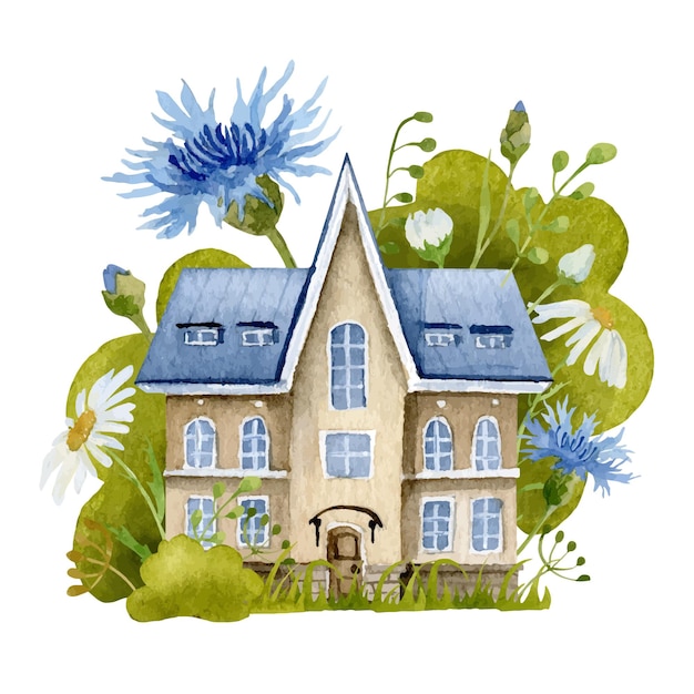 Mignonne petite maison de fée aquarelle avec des fleurs de champs sauvages. Croquis de printemps de vecteur de fantaisie Accueil