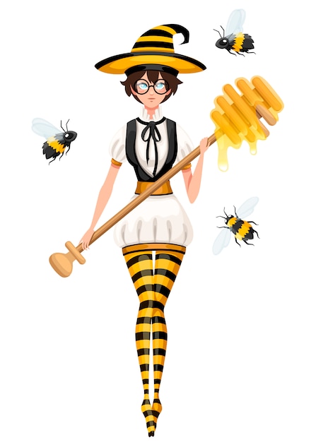 Mignonne Sorcière Aux Cheveux Bruns Volant Avec Des Abeilles Femme Tenant Louche De Miel, Baguette Magique. Costume De Style Abeille Rayé. Illustration Sur Fond Blanc