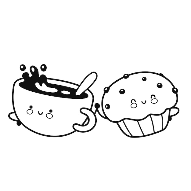 Mignonne Tasse De Café Heureuse Et Page De Coloriage De Gâteau Muffin. Icône De Personnage Kawaii De Dessin Animé De Ligne Plate De Vecteur. Illustration De Style Dessiné à La Main. Isolé Sur Fond Blanc. Livre De Coloriage Café Et Muffin