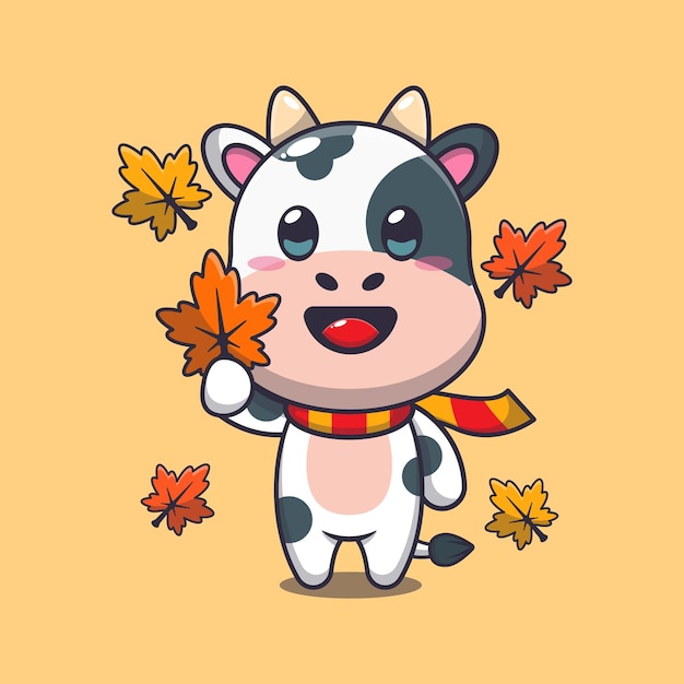 Vecteur une mignonne vache tenant une feuille d'automne