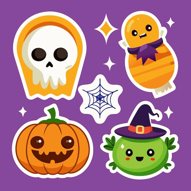 De mignons autocollants d'Halloween avec une citrouille un fantôme une sorcière et un crâne