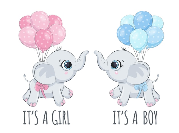 Mignons Bébés éléphants Avec Une Phrase De Ballons C'est Un Garçon, C'est Une Fille.