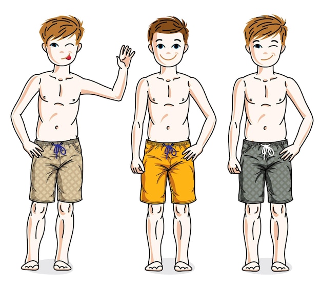 Vecteur mignons jeunes garçons adolescents heureux posant portant des shorts de plage à la mode. ensemble d'illustrations pour enfants de diversité vectorielle. dessins animés sur l'enfance et le mode de vie familial.