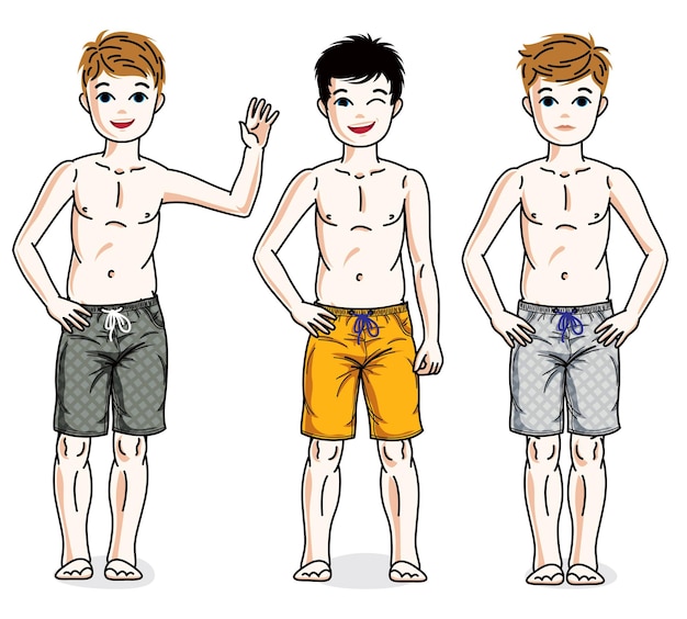 Vecteur mignons jeunes garçons adolescents heureux posant portant des shorts de plage à la mode. ensemble d'illustrations pour enfants de diversité vectorielle.