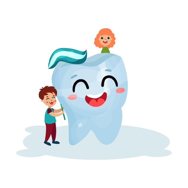 Mignons Petits Enfants Nettoyage Personnage Dent Souriant Géant Avec Brosse à Dents Et Dentifrice, Soins Dentaires Et Vecteur De Dessin Animé De Santé Illustration Isolé Sur Fond Blanc