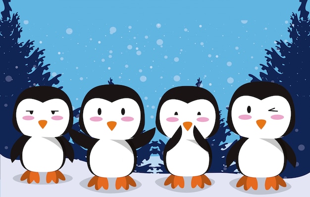 Vecteur mignons petits personnages de pingouins dans la neige