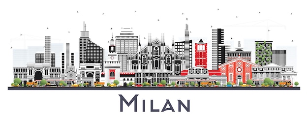 Milan Italie Sur Les Toits De La Ville Avec Des Bâtiments De Couleur Isolés Sur Blanc. Illustration Vectorielle. Voyage D'affaires Et Concept Avec Architecture Historique. Paysage Urbain De Milan Avec Des Points De Repère.