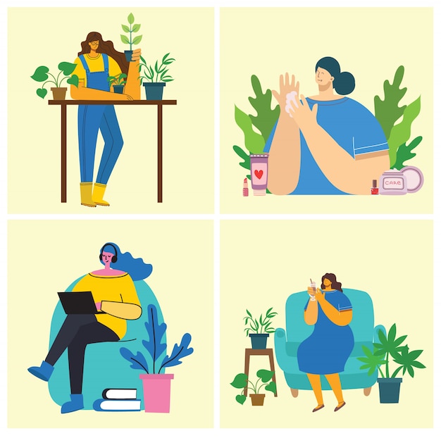 Milieux d'activités féminines. Concept de jardinage, cuisine, lecture et travail de femmes dans le style plat moderne