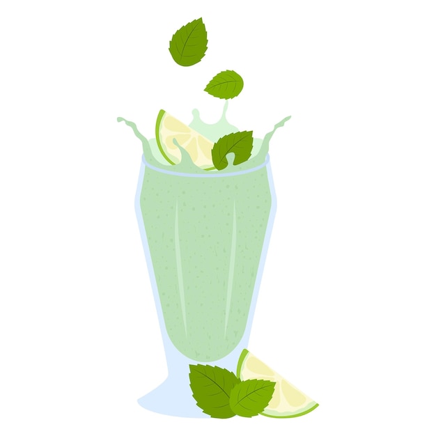 Milkshake coloré avec illustration de citron vert et de menthe isolé sur fond blanc