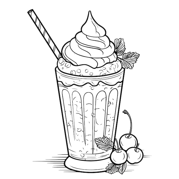 Vecteur milkshake line art illustration pour les dépliants de menu café restaurants restauration milkshake café avec crème fouettée smoothies café glasse jus de granit avec glace latte cacao