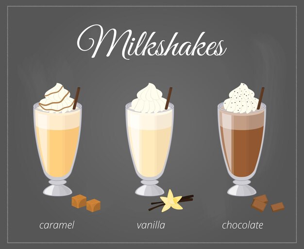 Vecteur milkshakes de dessins animés en verre sur fond de tableau caramel au goût de milkshake au chocolat à la vanille