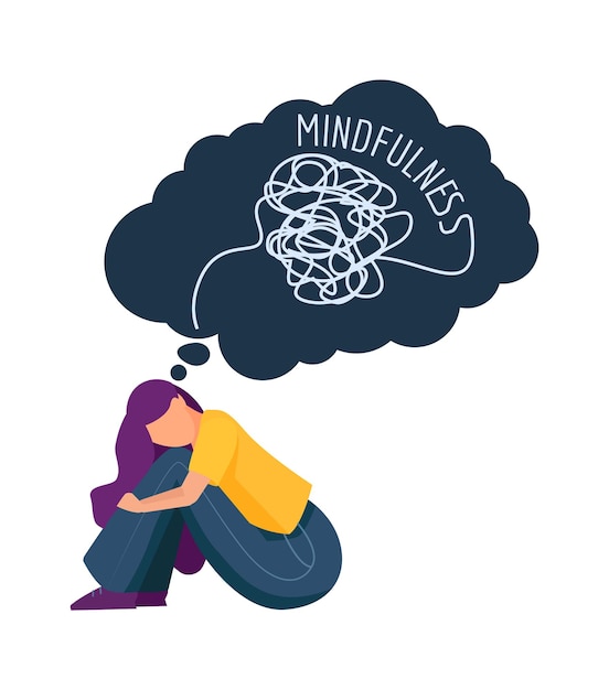 Mindfulness Girl A Des Problèmes Mentaux Triste Personnage Féminin Illustration Vectorielle De Femme Fatiguée Dysfonctionnement émotionnel