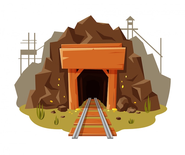 Mine d'or illustration sur fond blanc avec place pour votre texte. Grotte dorée avec bannière en bois et chemin de fer en style cartoon,