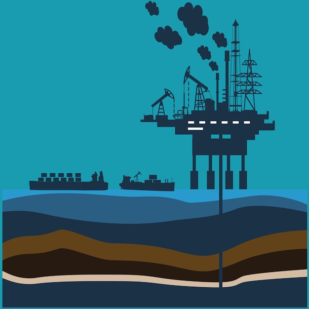 Vecteur mine pétrolière offshore industrie minière de la terre extraction de ressources minérales illustration artistique style plat