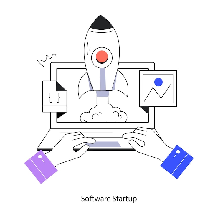 Vecteur mini-illustration linéaire pratique du démarrage du logiciel