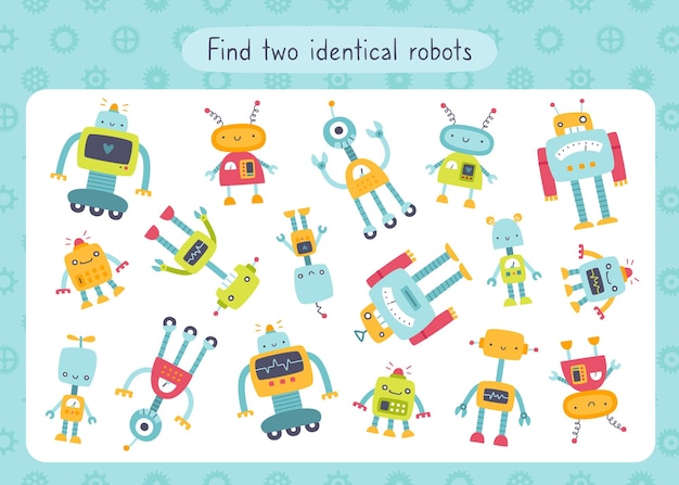 Vecteur mini-jeu avec de mignons robots pour enfants recherche de robots identiques robots vectoriels drôles