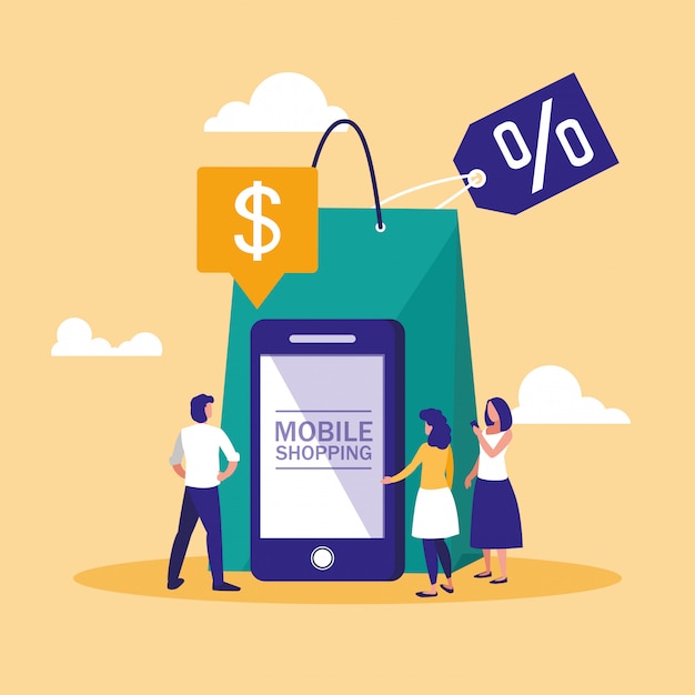 Mini personnes avec smartphone et shopping en ligne