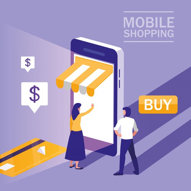 Mini personnes avec smartphone et shopping en ligne