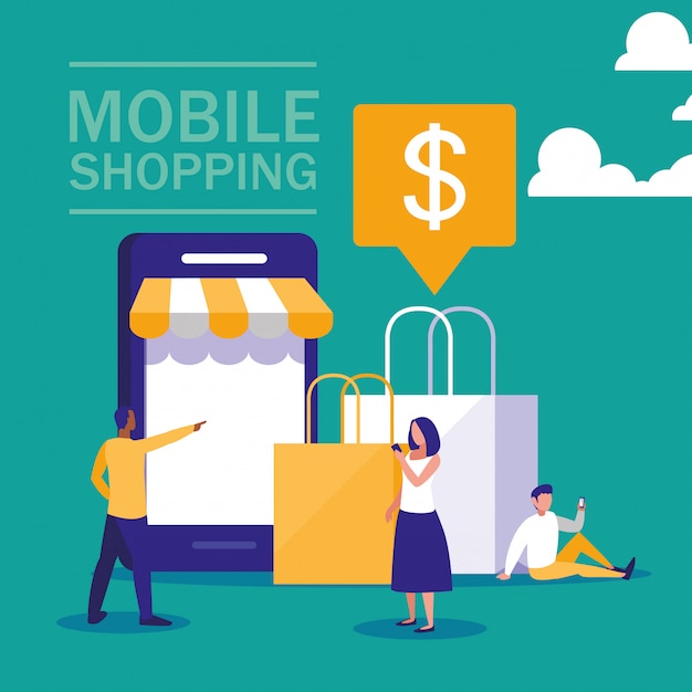 Mini personnes avec smartphone et shopping en ligne