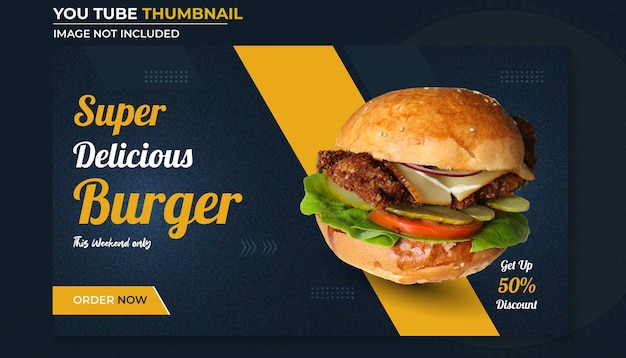 Miniature YouTube de délicieux hamburgers et modèle de bannière Web de menu de plats spéciaux sains