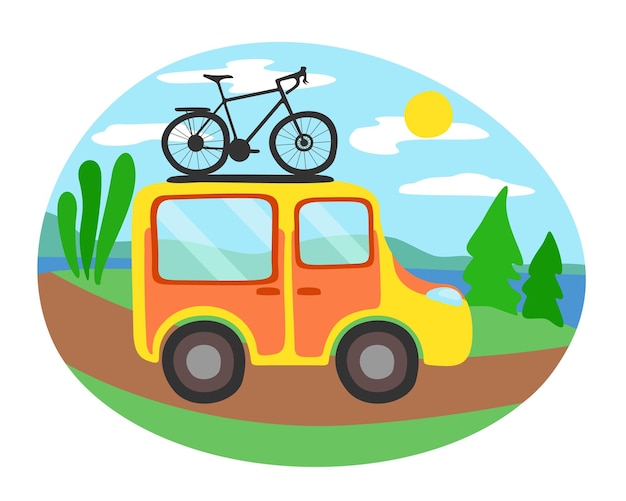 Minibus De Voyage Avec Vélo Sur Le Dessus. Illustration Vectorielle Isolée.