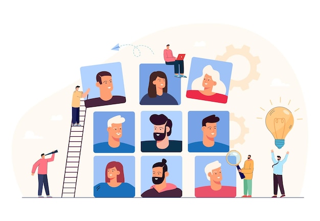 De minuscules employés de bureau à la recherche de nouveaux talents. Choix des employés, entreprise commerciale recrutant du personnel, employeurs et clients illustration vectorielle plane. RH, entretien d'embauche, carrière, concept de réussite