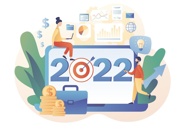 De minuscules hommes d'affaires planifient des objectifs pour l'année prochaine en ligne. Objectif commercial du Nouvel An 2022. Leadership