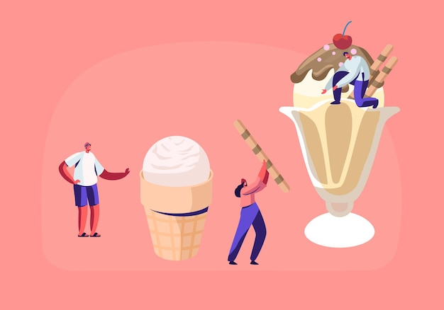 De minuscules personnages décorent la crème glacée avec des bonbons et des baies.